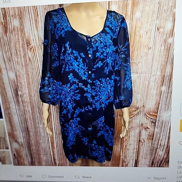 Express Brand Women's Sheer Overlay Dress Blue & Black Print Button-down Size L - Picture 6 of 6